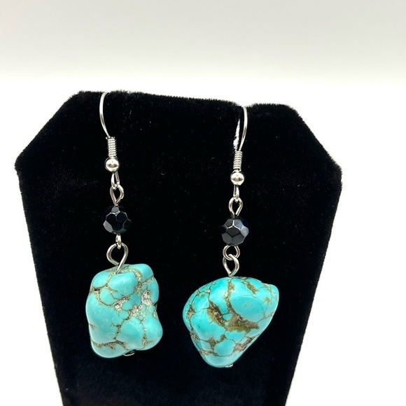 Turquoise Earrings Drop Dyed Howlite and Aurora Borealis Beads dangling pair! - Picture 3 of 11